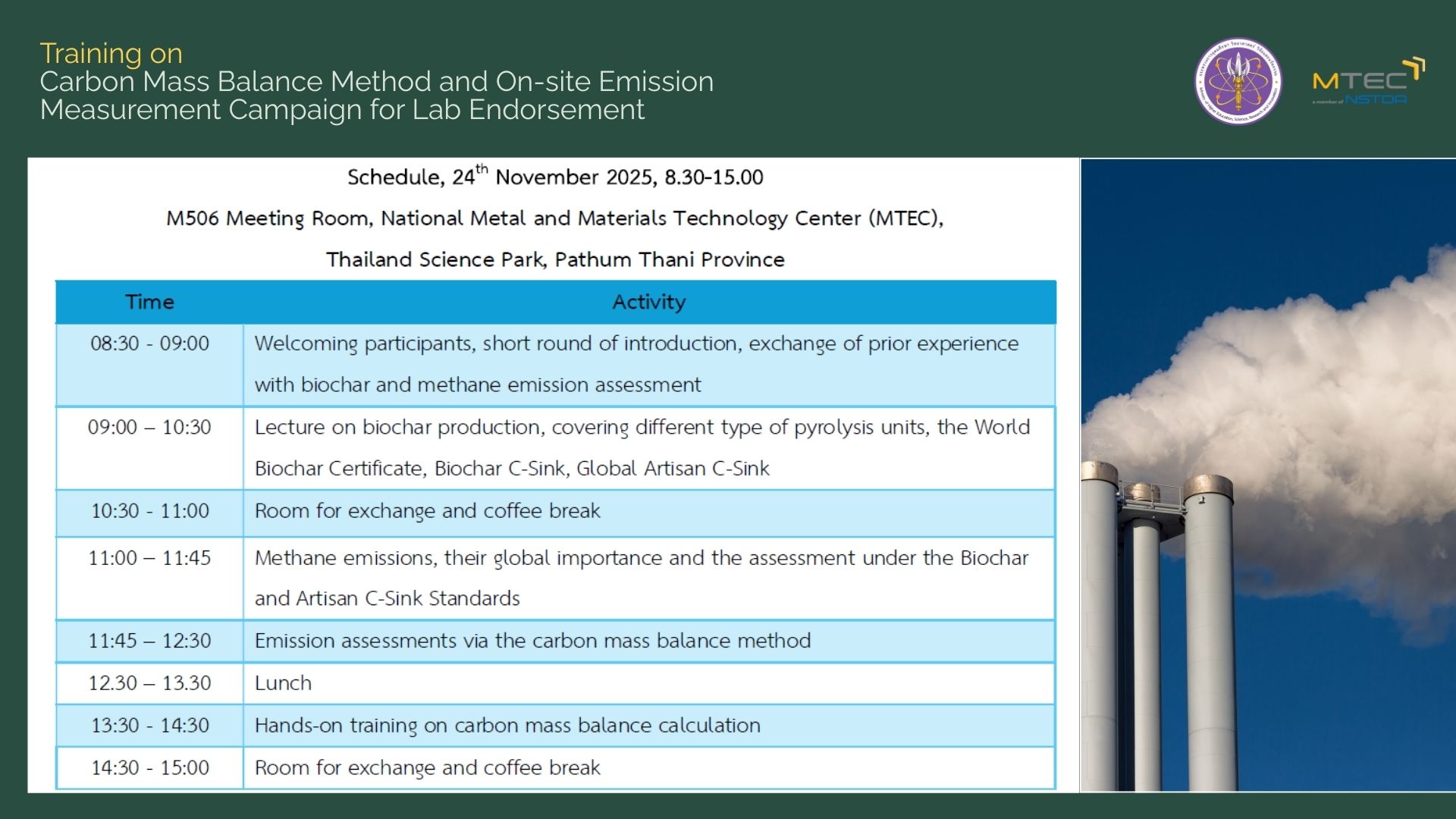 งานฝึกอบรม-วิธีการประเมินสมดุลมวลของคาร์บอนในการผลิตไบโอชาร์ และการรับรองห้องปฏิบัติการในการตรวจวัดแก๊สมลพิษที่ปลดปล่อยออกจากการผลิตไบโอชาร์ด้วยเตาไพโรไลซิสในรูปแบบของ Artisanal kilns